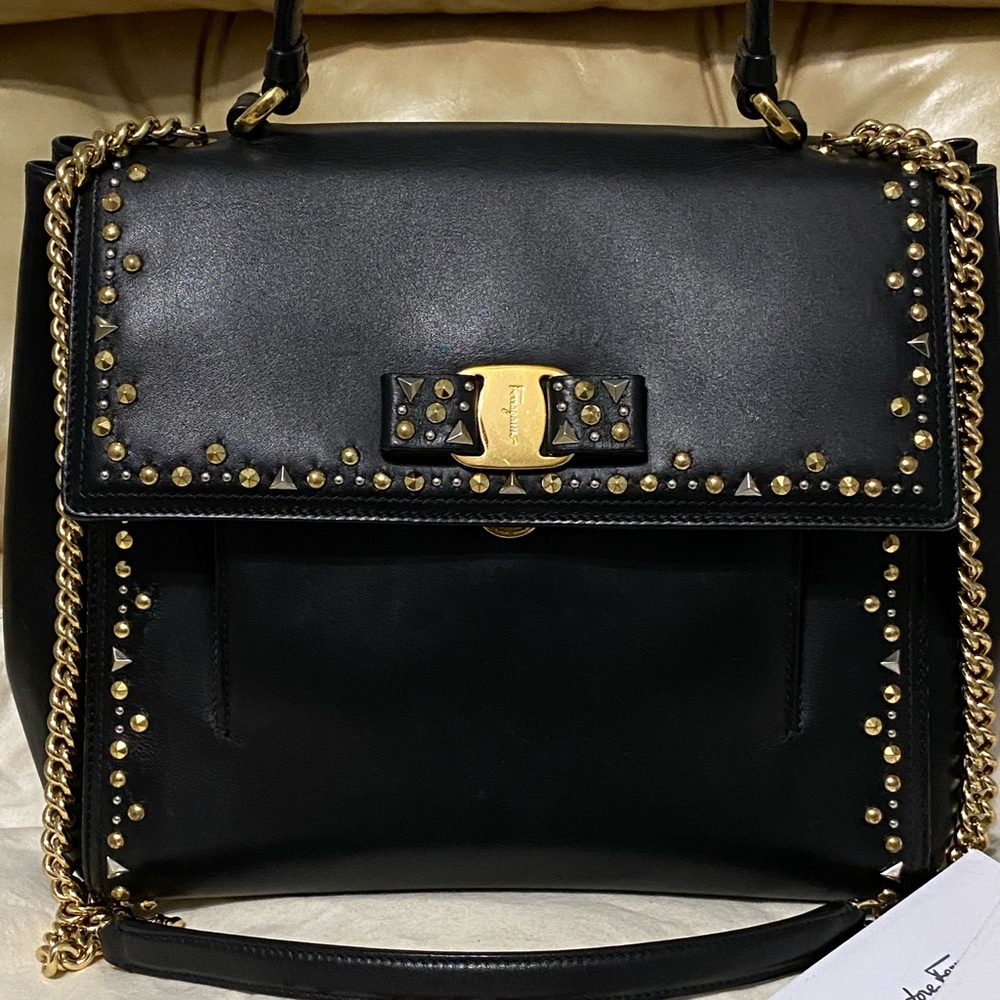 Salvatore Ferragamo COA Leather Satchel Studded Carrie Vara Bow Chain Top Handle - Picture 3 of 12
